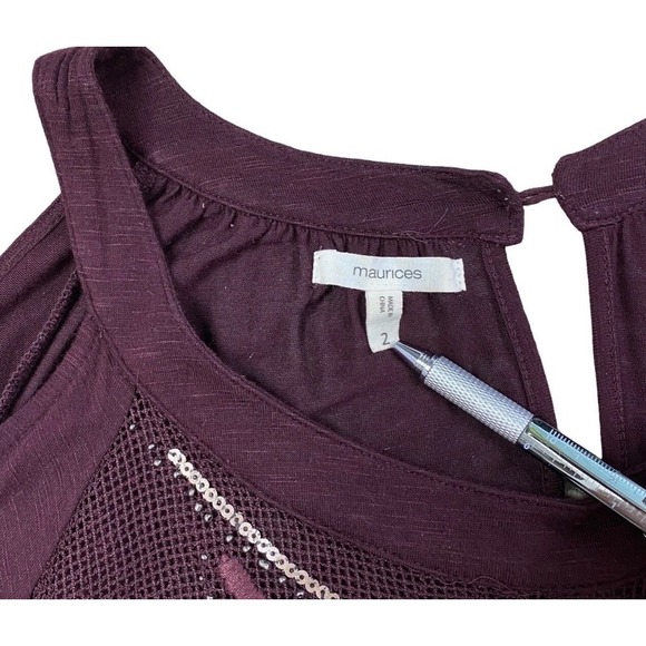 Maurices Top Size 2 Plus 2X Plum Purple Cold Shoulder Embellished Sequin Mesh - Picture 3 of 10